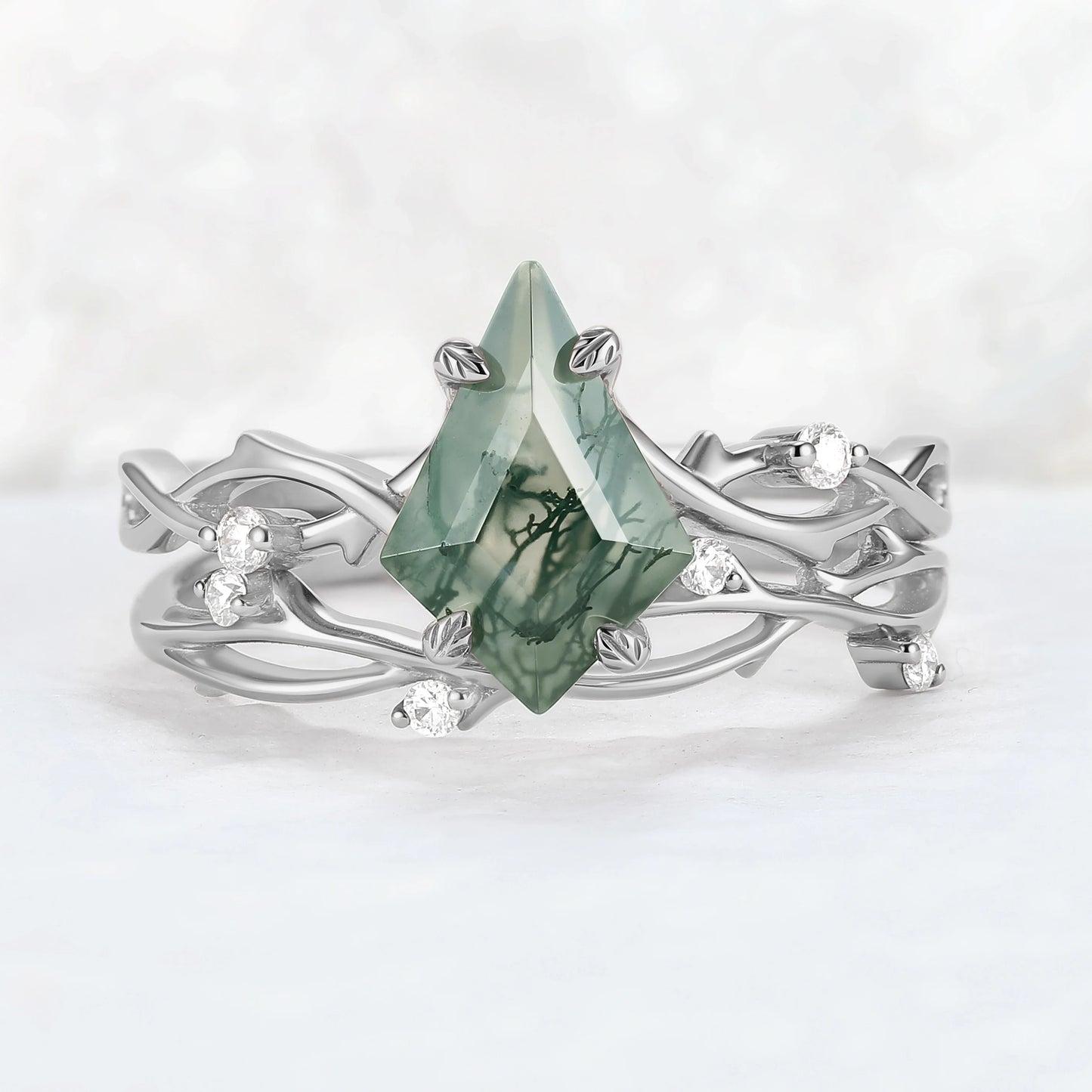 Unique Kite Cut Moss Agate Leaf and Vine Gemstone Ring Set 2pcs