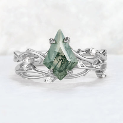 Unique Kite Cut Moss Agate Leaf and Vine Gemstone Ring Set 2pcs