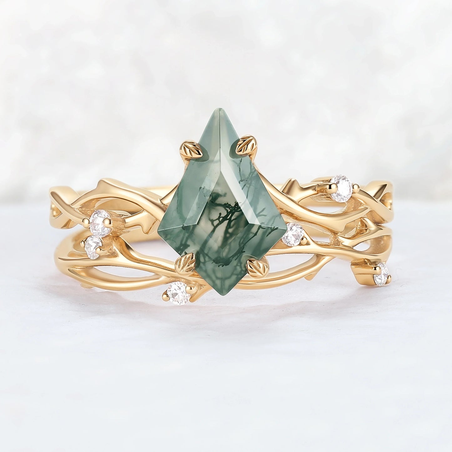 Unique Kite Cut Moss Agate Leaf and Vine Gemstone Ring Set 2pcs