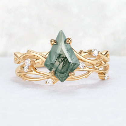 Unique Kite Cut Moss Agate Leaf and Vine Gemstone Ring Set 2pcs
