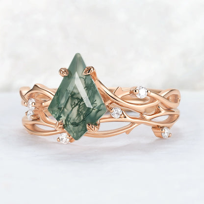 Unique Kite Cut Moss Agate Leaf and Vine Gemstone Ring Set 2pcs