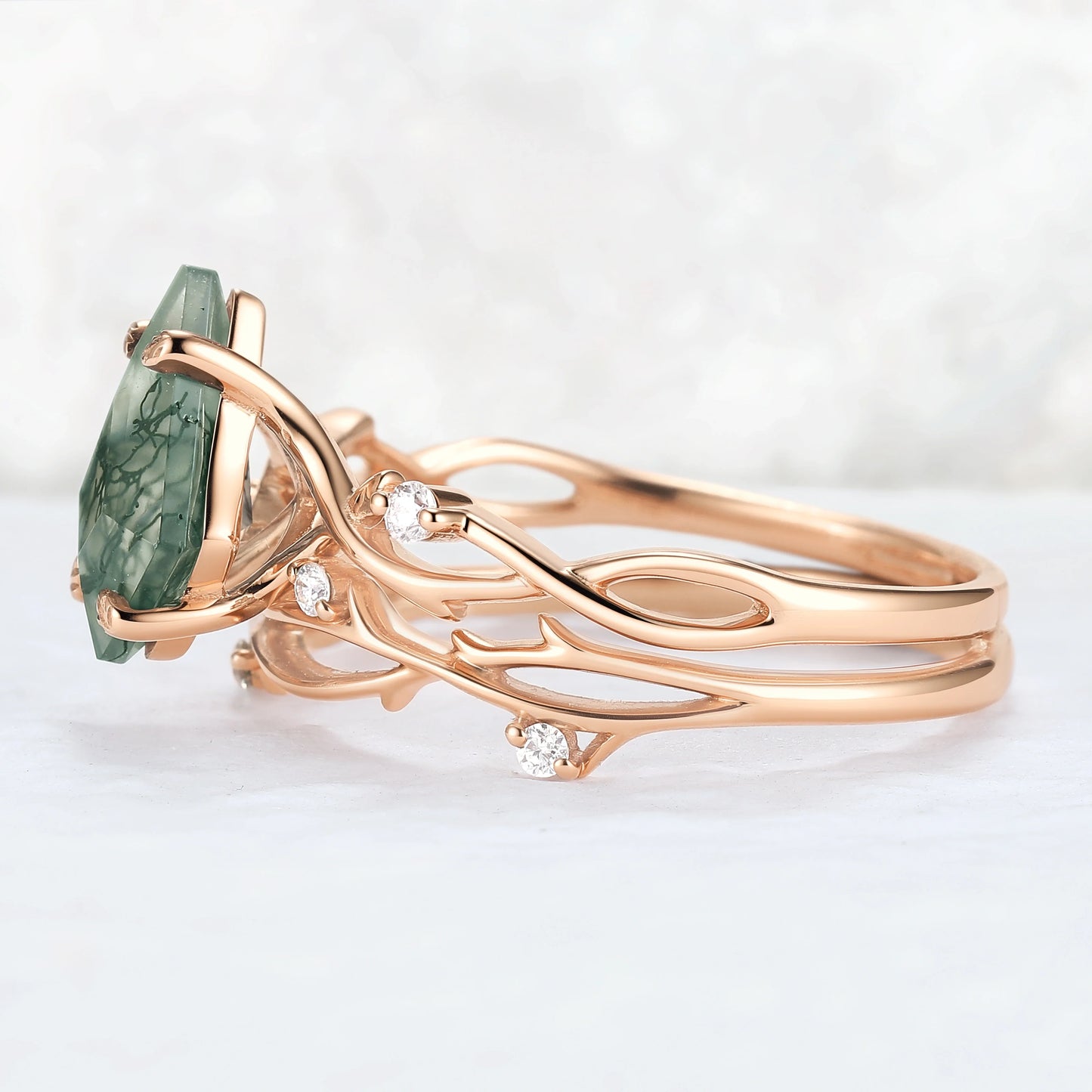Unique Kite Cut Moss Agate Leaf and Vine Gemstone Ring Set 2pcs