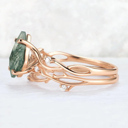 Unique Kite Cut Moss Agate Leaf and Vine Gemstone Ring Set 2pcs