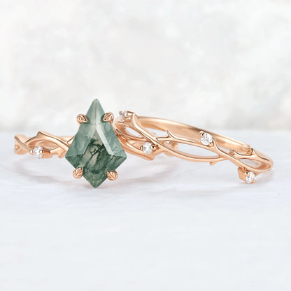 Unique Kite Cut Moss Agate Leaf and Vine Gemstone Ring Set 2pcs