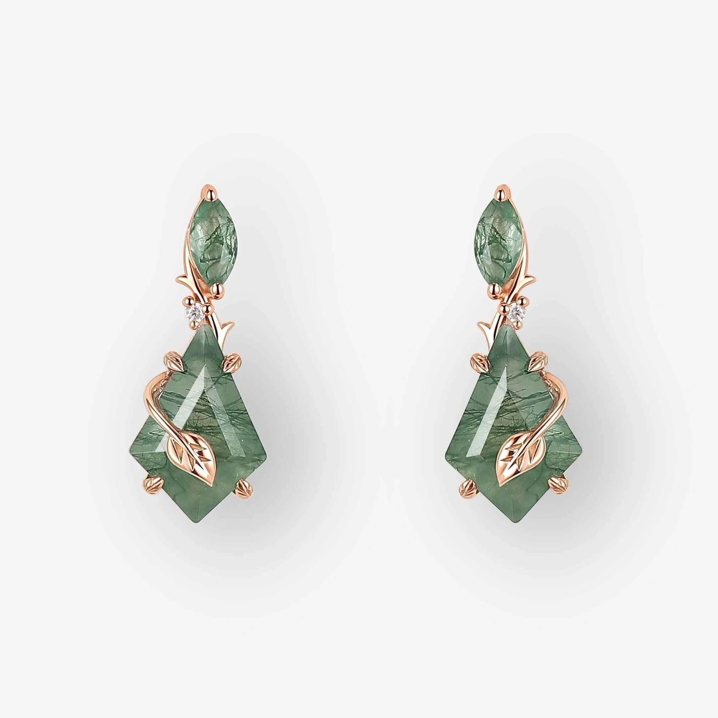 Unique Kite Cut Moss Agate Leafy Earrings Gift for Her