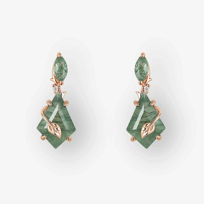 Unique Kite Cut Moss Agate Leafy Earrings Gift for Her