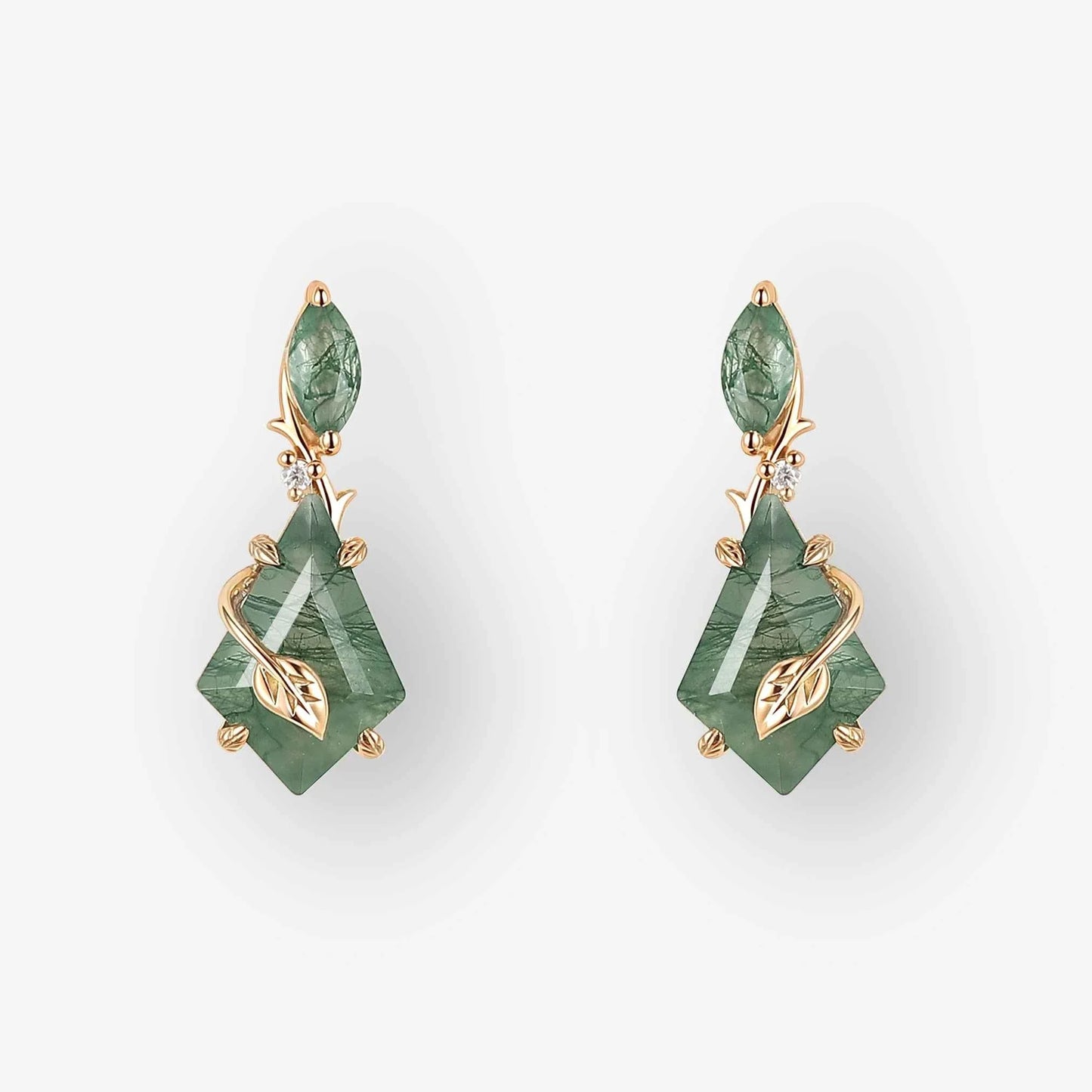Unique Kite Cut Moss Agate Leafy Earrings Gift for Her