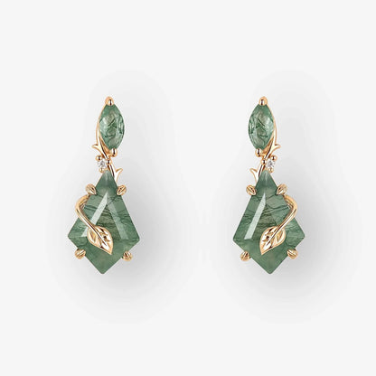 Unique Kite Cut Moss Agate Leafy Earrings Gift for Her