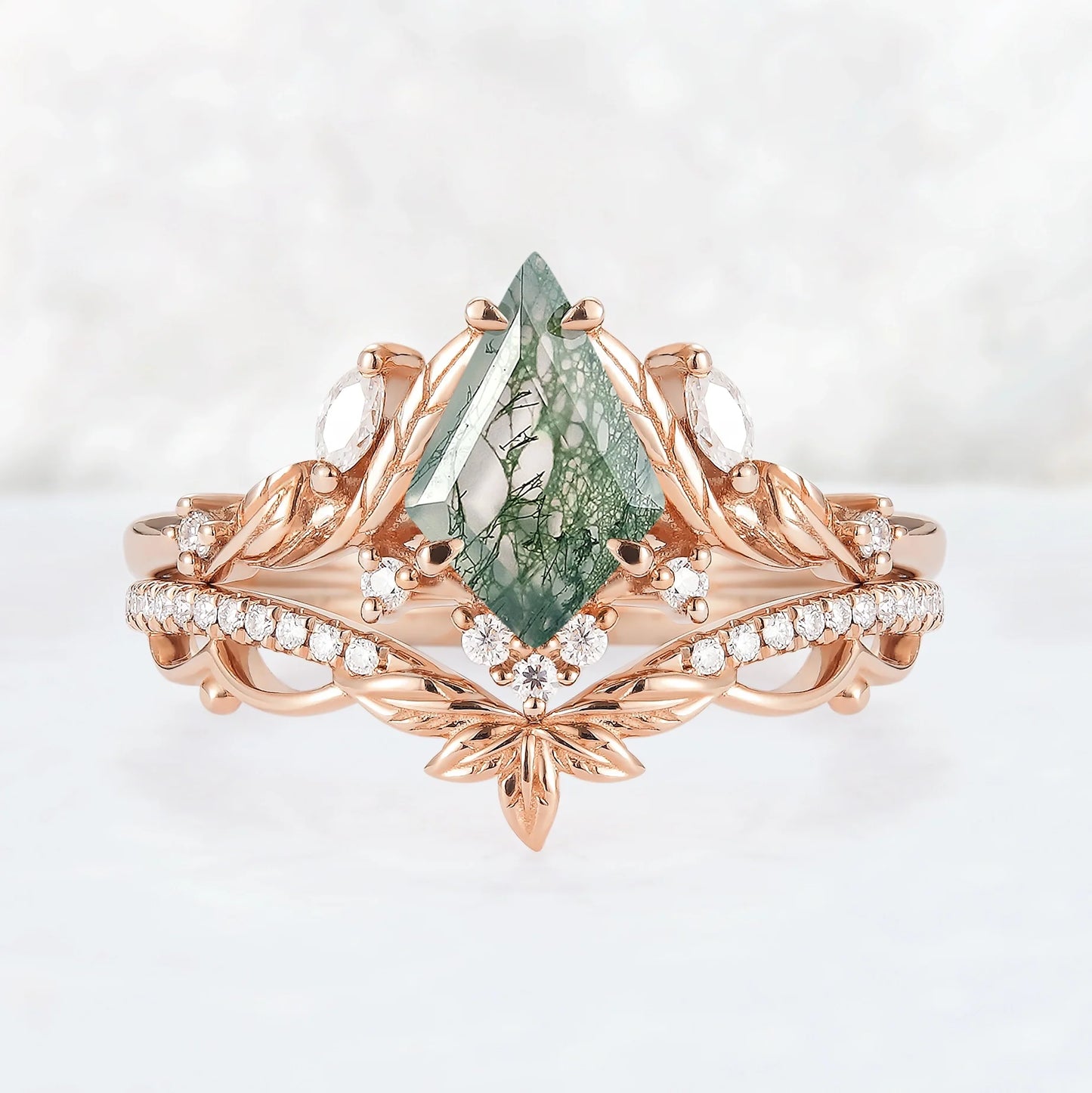 Unique Kite Cut Moss Agate Moissanite Leaf Gemstone Ring Set 2pcs