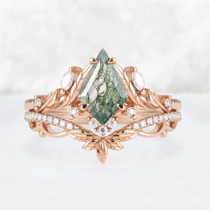 Unique Kite Cut Moss Agate Moissanite Leaf Gemstone Ring Set 2pcs