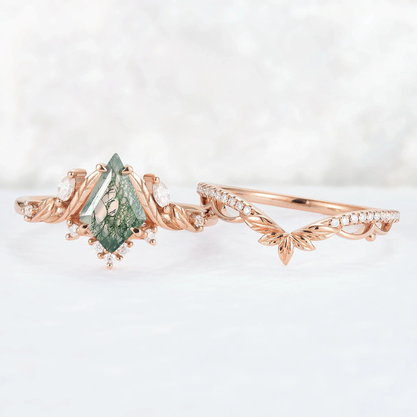 Unique Kite Cut Moss Agate Moissanite Leaf Gemstone Ring Set 2pcs