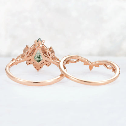 Unique Kite Cut Moss Agate Moissanite Leaf Gemstone Ring Set 2pcs