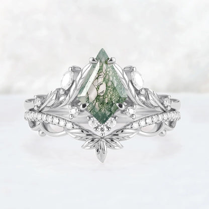 Unique Kite Cut Moss Agate Moissanite Leaf Gemstone Ring Set 2pcs