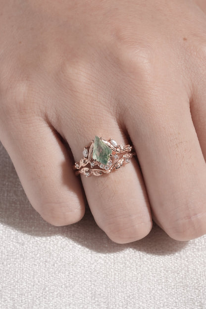 Unique Kite Cut Moss Agate Moissanite Vine and Leaf Gemstone Ring Set 2pcs