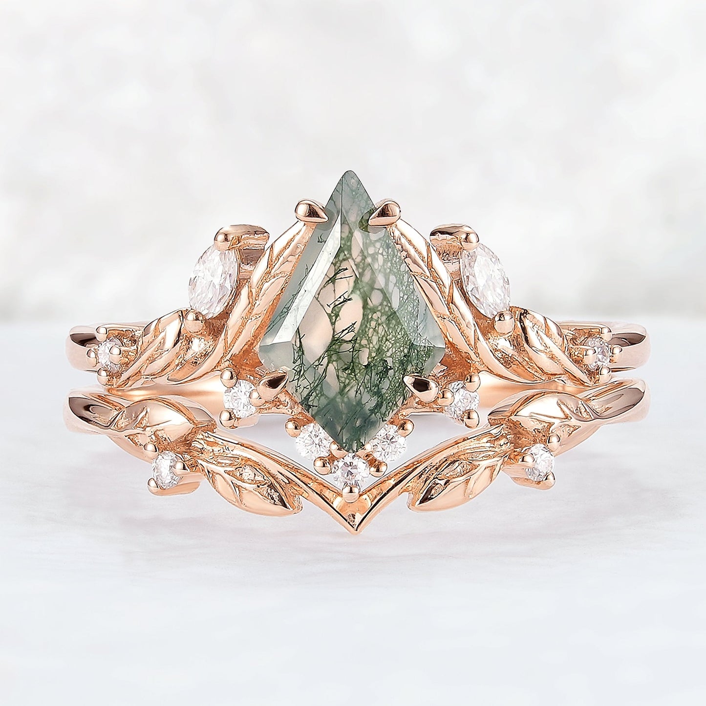 Unique Kite Cut Moss Agate Moissanite Vine and Leaf Gemstone Ring Set 2pcs
