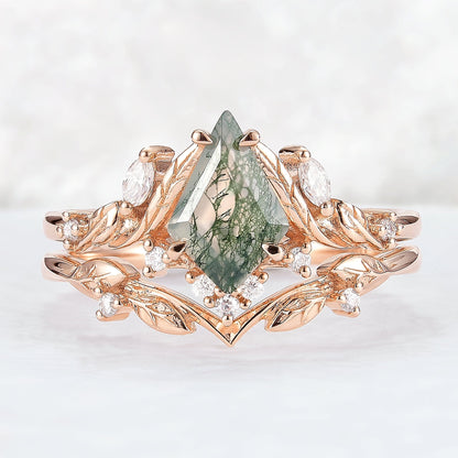 Unique Kite Cut Moss Agate Moissanite Vine and Leaf Gemstone Ring Set 2pcs