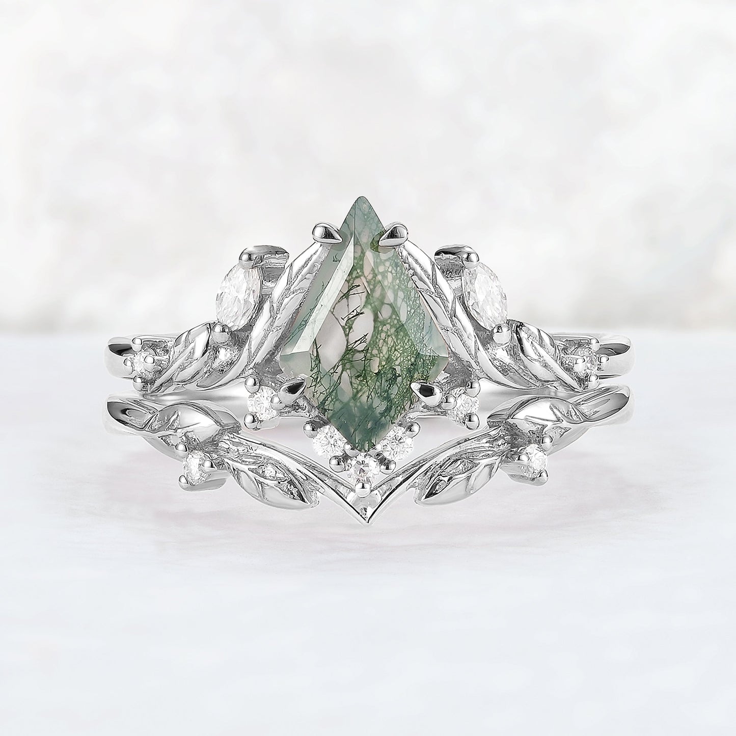 Unique Kite Cut Moss Agate Moissanite Vine and Leaf Gemstone Ring Set 2pcs