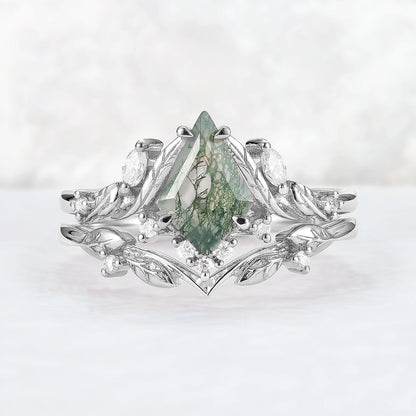 Unique Kite Cut Moss Agate Moissanite Vine and Leaf Gemstone Ring Set 2pcs
