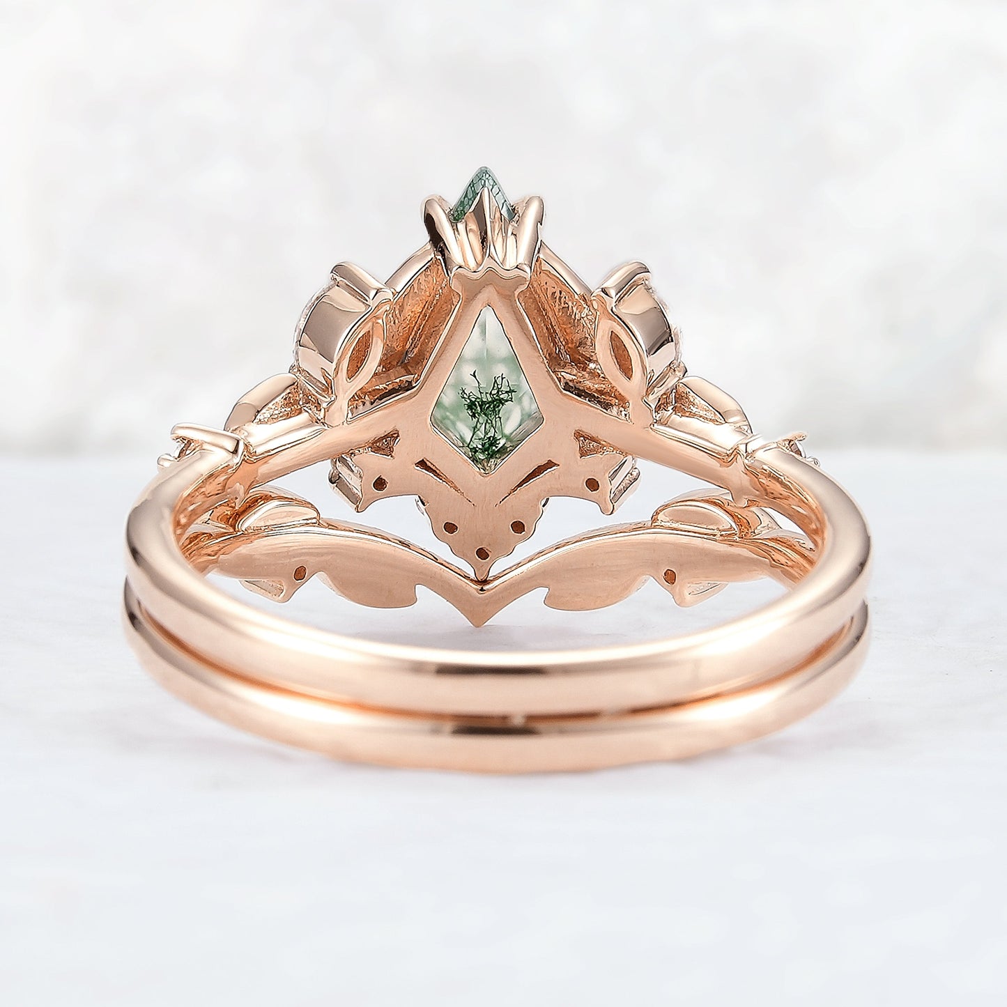 Unique Kite Cut Moss Agate Moissanite Vine and Leaf Gemstone Ring Set 2pcs