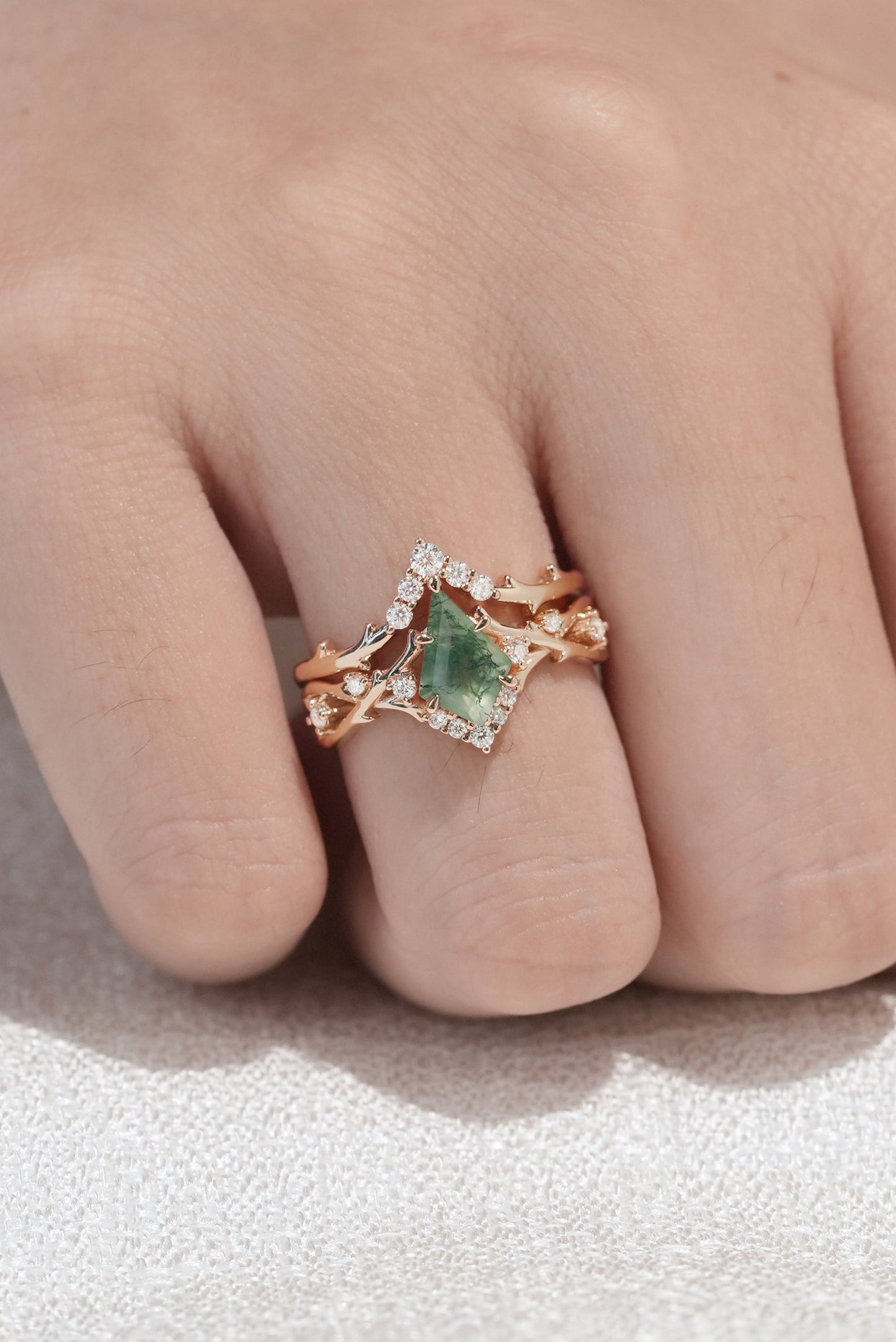 Unique Kite Cut Moss Agate Twig Gemstone Ring Set 2pcs