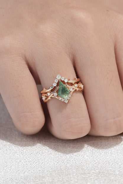 Unique Kite Cut Moss Agate Twig Gemstone Ring Set 2pcs
