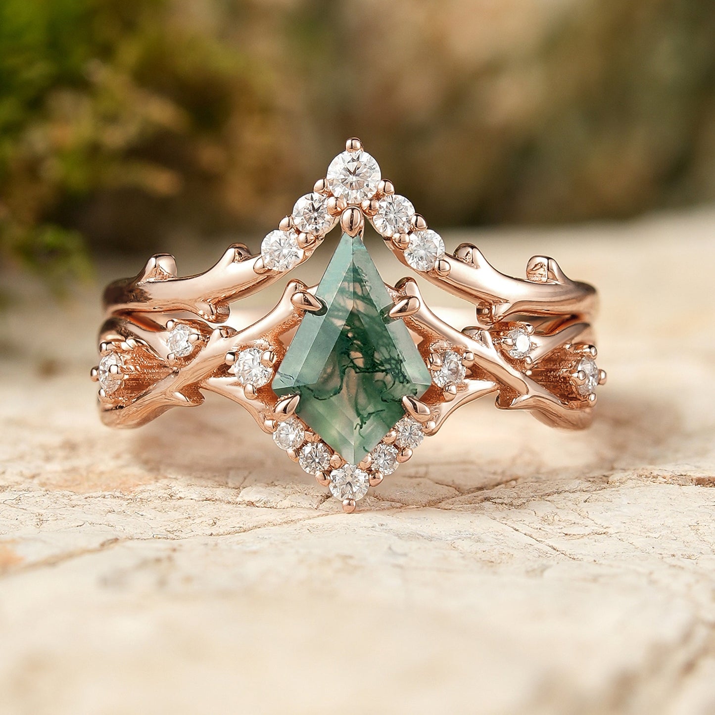 Unique Kite Cut Moss Agate Twig Gemstone Ring Set 2pcs