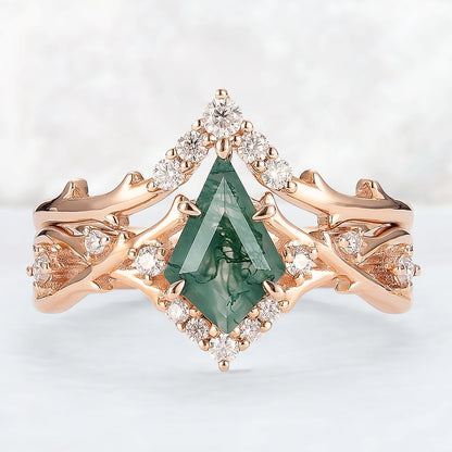 Unique Kite Cut Moss Agate Twig Gemstone Ring Set 2pcs