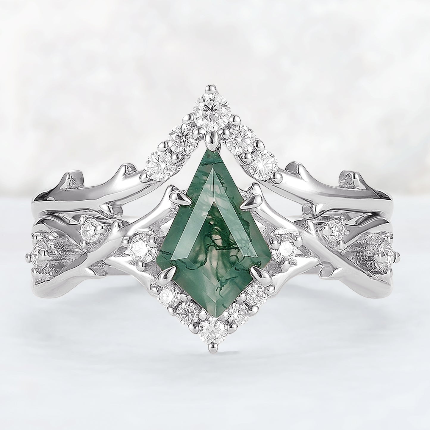 Unique Kite Cut Moss Agate Twig Gemstone Ring Set 2pcs