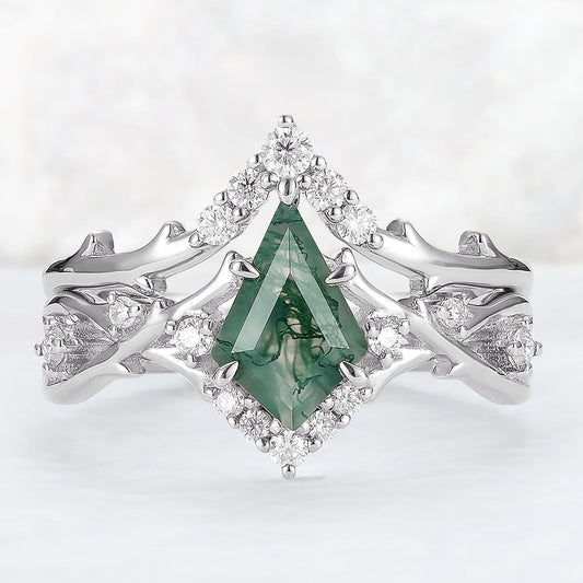 Unique Kite Cut Moss Agate Twig Gemstone Ring Set 2pcs
