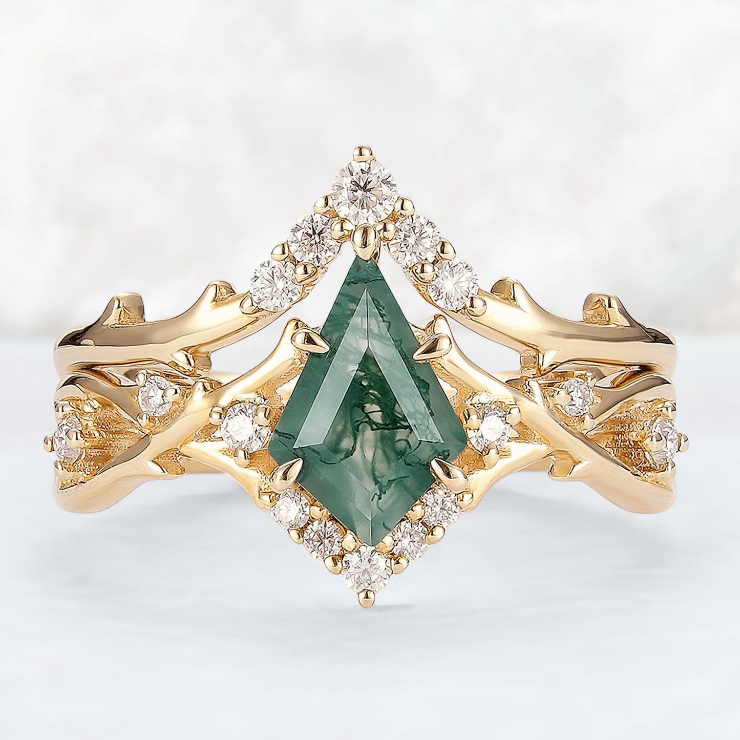 Unique Kite Cut Moss Agate Twig Gemstone Ring Set 2pcs