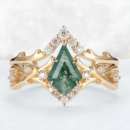 Unique Kite Cut Moss Agate Twig Gemstone Ring Set 2pcs