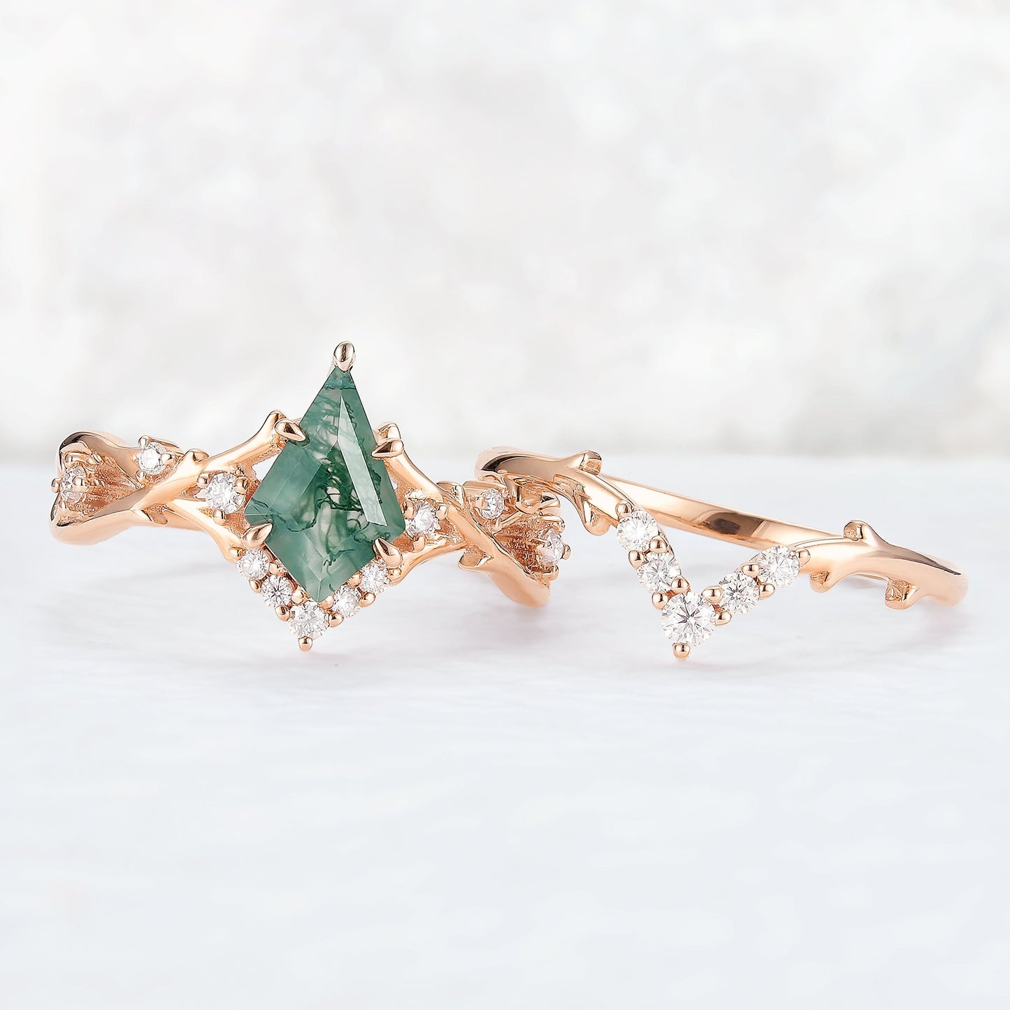Unique Kite Cut Moss Agate Twig Gemstone Ring Set 2pcs