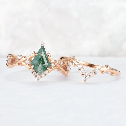 Unique Kite Cut Moss Agate Twig Gemstone Ring Set 2pcs