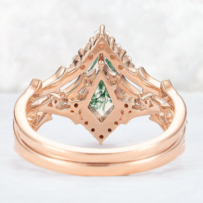 Unique Kite Cut Moss Agate Twig Gemstone Ring Set 2pcs