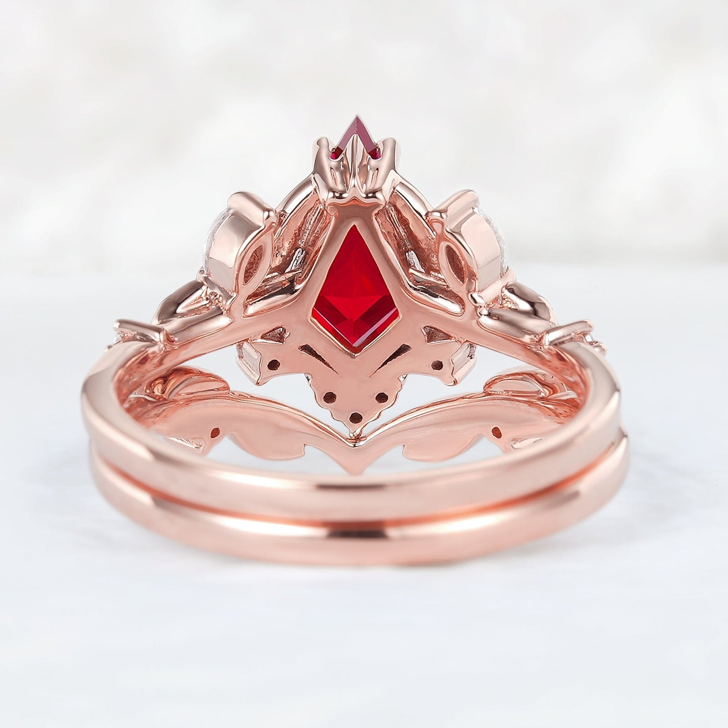 Unique Kite Cut Ruby Moissanite Vine and Leaf Gemstone Ring Set 2pcs