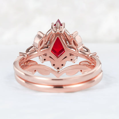 Unique Kite Cut Ruby Moissanite Vine and Leaf Gemstone Ring Set 2pcs