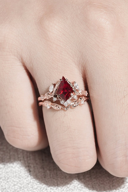 Unique Kite Cut Ruby Moissanite Vine and Leaf Gemstone Ring Set 2pcs