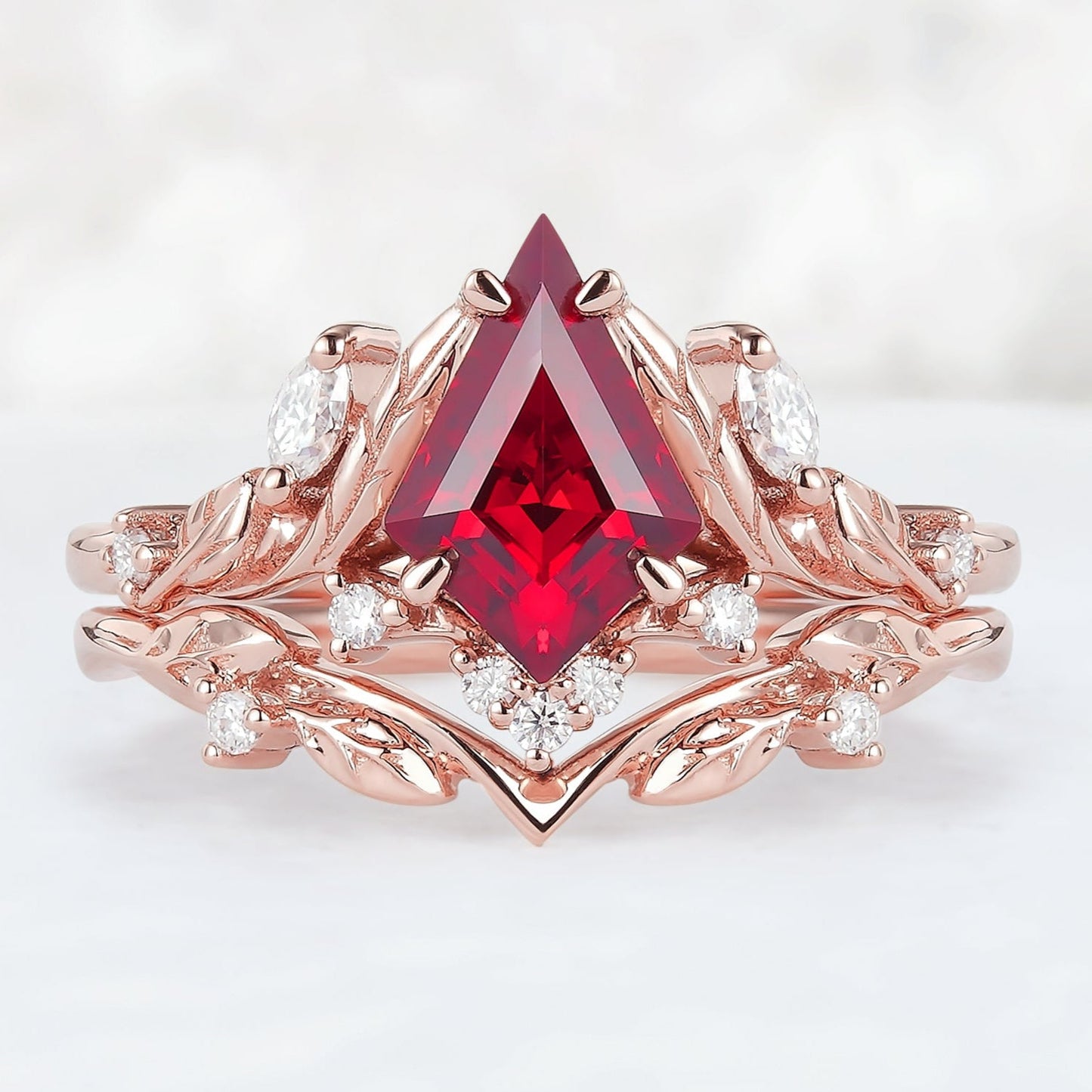 Unique Kite Cut Ruby Moissanite Vine and Leaf Gemstone Ring Set 2pcs