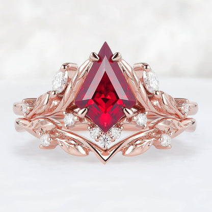 Unique Kite Cut Ruby Moissanite Vine and Leaf Gemstone Ring Set 2pcs