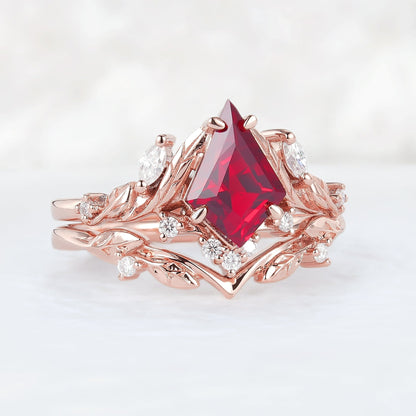Unique Kite Cut Ruby Moissanite Vine and Leaf Gemstone Ring Set 2pcs