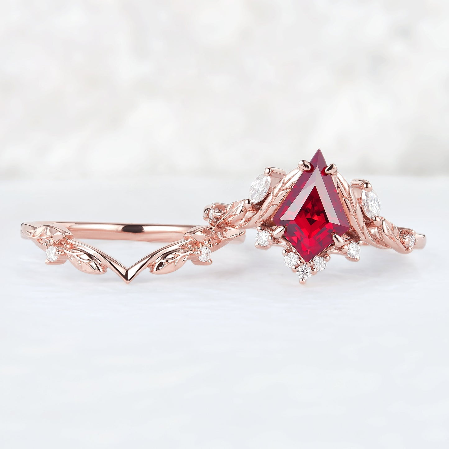 Unique Kite Cut Ruby Moissanite Vine and Leaf Gemstone Ring Set 2pcs