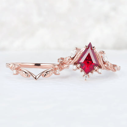 Unique Kite Cut Ruby Moissanite Vine and Leaf Gemstone Ring Set 2pcs