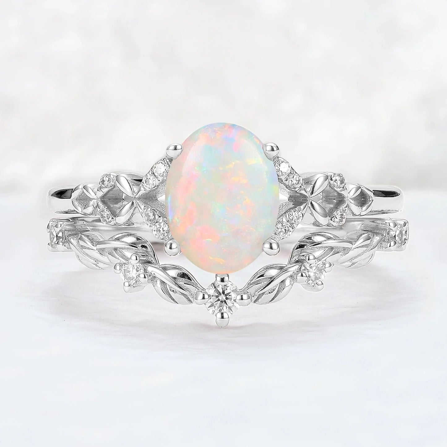 Unique Natural Australian Opal Opal Leaf Gemstone Ring Set 2pcs