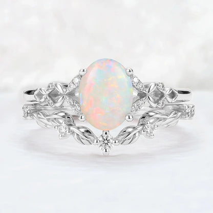 Unique Natural Australian Opal Opal Leaf Gemstone Ring Set 2pcs