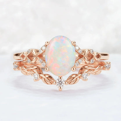 Unique Natural Australian Opal Opal Leaf Gemstone Ring Set 2pcs