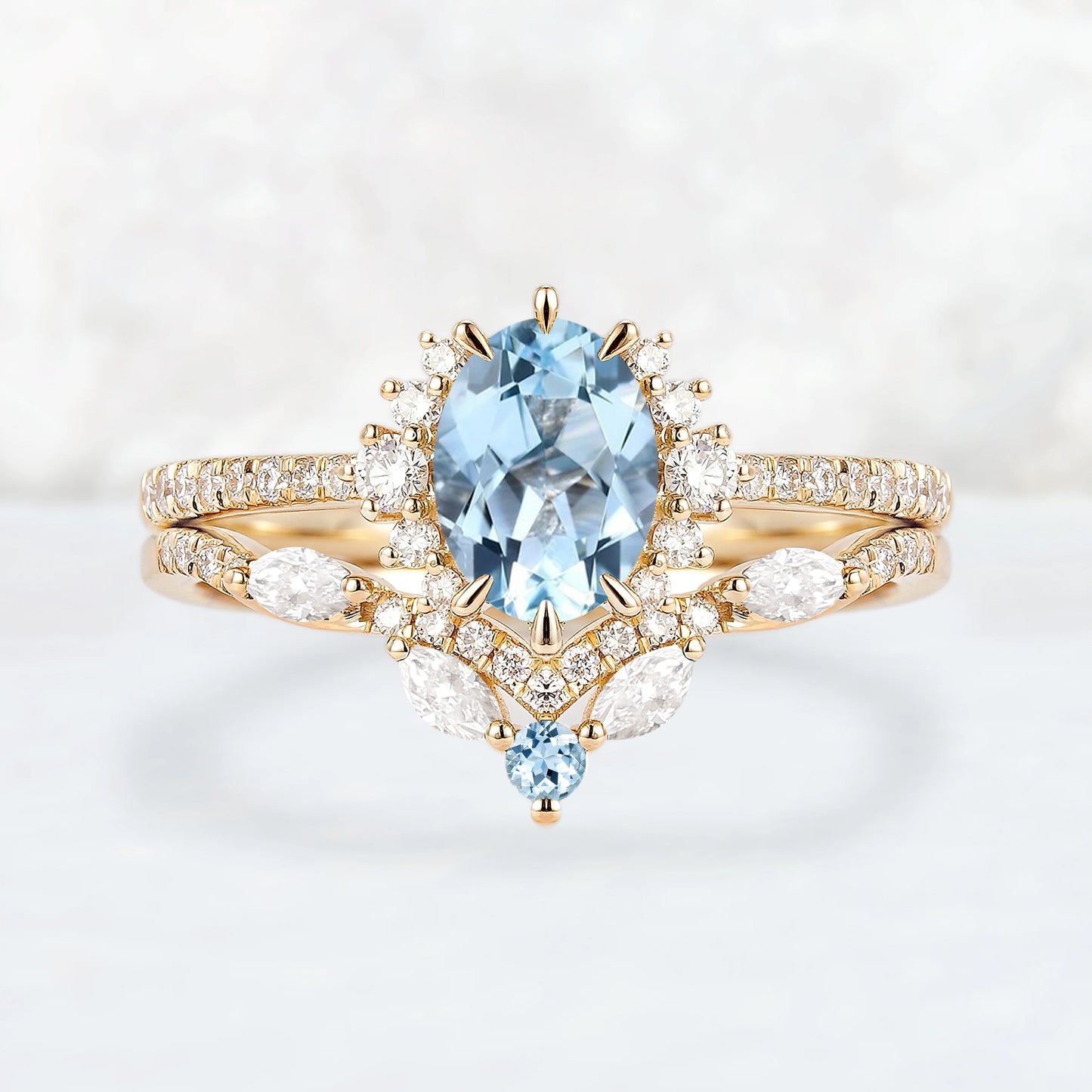 Unique Oval Cut Aquamarine Half Enternity Engagement Ring Set 2pcs