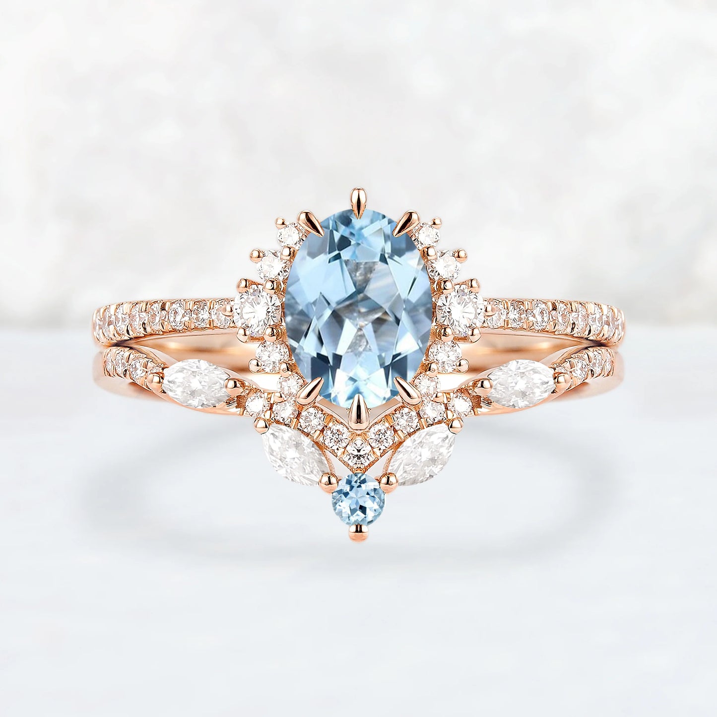 Unique Oval Cut Aquamarine Half Enternity Engagement Ring Set 2pcs