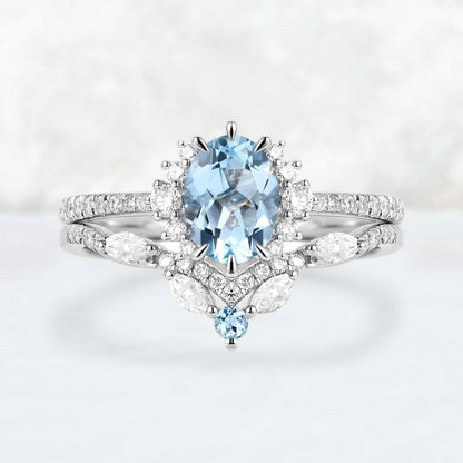 Unique Oval Cut Aquamarine Half Enternity Engagement Ring Set 2pcs