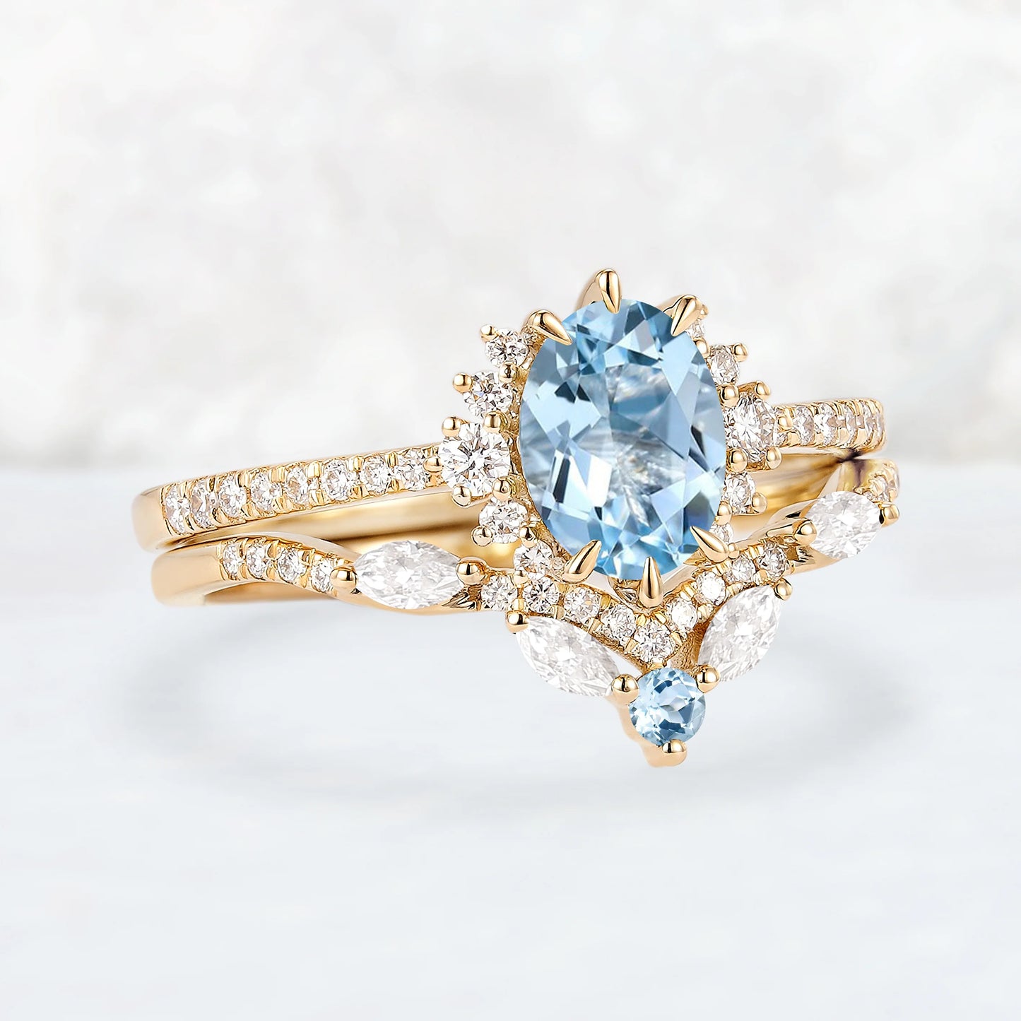 Unique Oval Cut Aquamarine Half Enternity Engagement Ring Set 2pcs