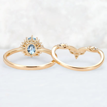 Unique Oval Cut Aquamarine Half Enternity Engagement Ring Set 2pcs